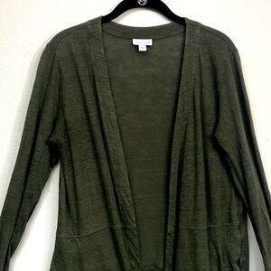 J Jill Love Linen Open Front Cardigan Sweater Small Lightweight Olive Green